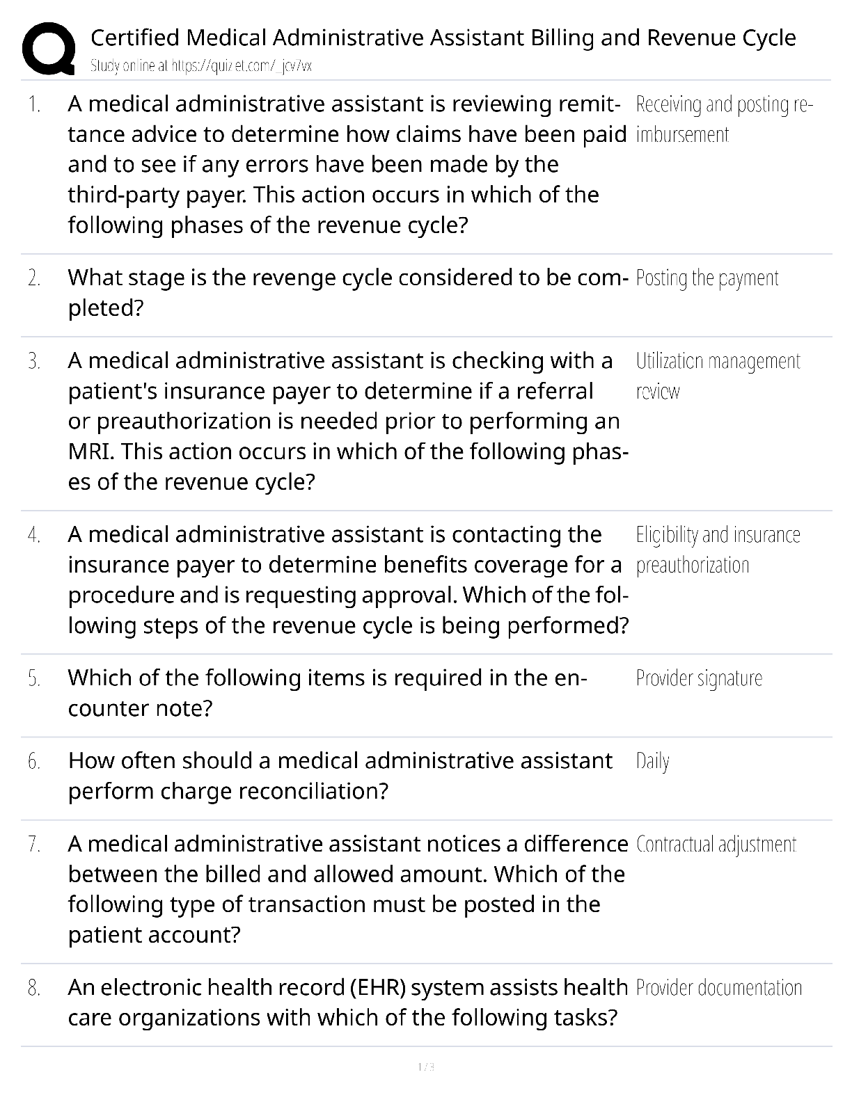 Recommended document preview for Medical Administrative Assistant / billing revenue cycle / score 100% / new version / CMAA