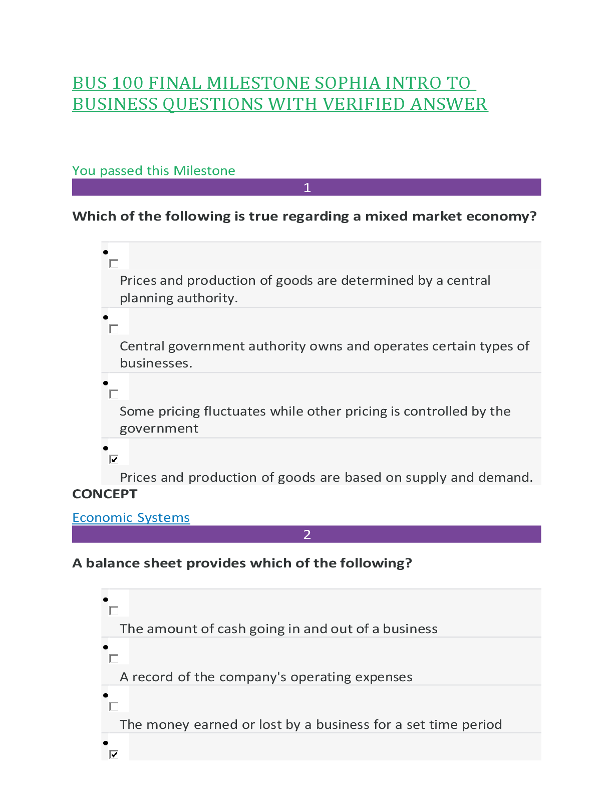 Preview image for BUS 100 FINAL MILESTONE SOPHIA INTRO TO BUSINESS QUESTIONS WITH VERIFIED ANSWER,100%CORRECT