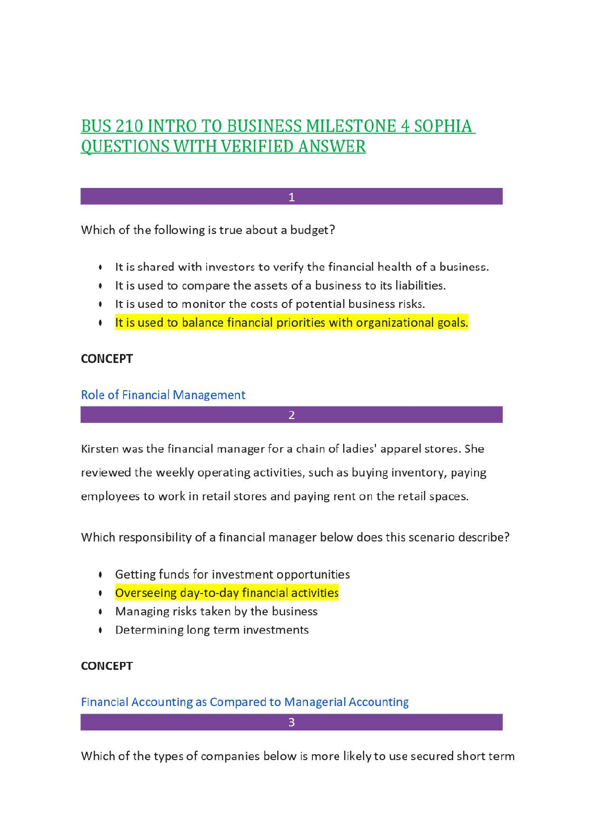 Recommended document preview for BUS 210 INTRO TO BUSINESS MILESTONE 4 SOPHIA QUESTIONS WITH VERIFIED ANSWER,100%CORRECT