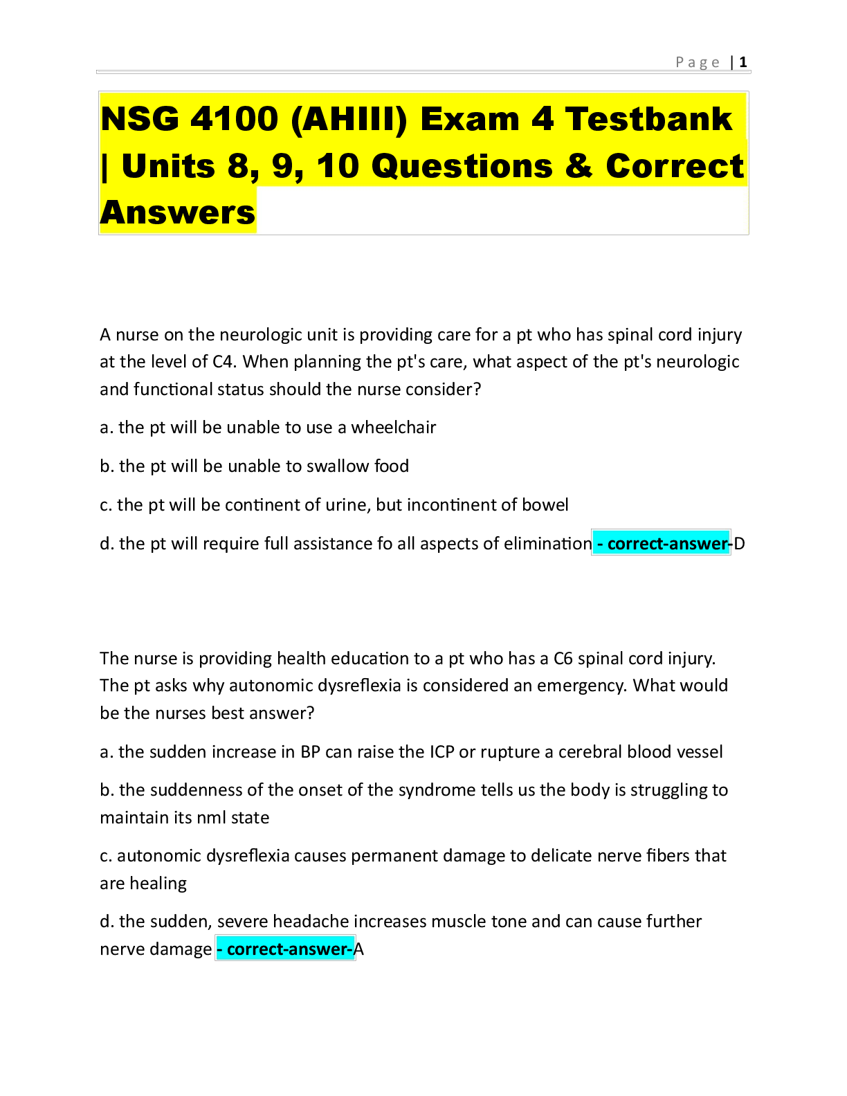 Recommended document preview for NSG 4100 (AHIII) Exam 4 Testbank | Units 8, 9, 10 Questions & Correct Answers