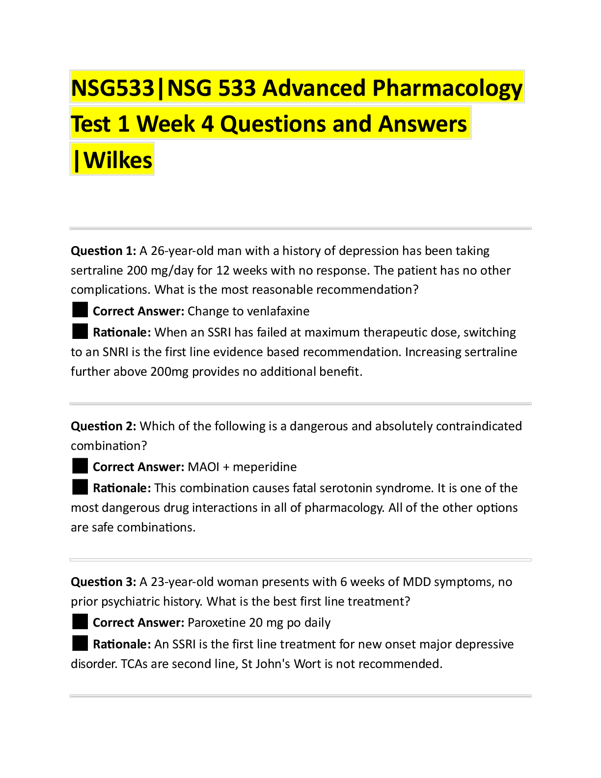 Preview of NSG533|NSG 533 Advanced Pharmacology Test 1 Week 4 Questions and Answers |Wilkes
