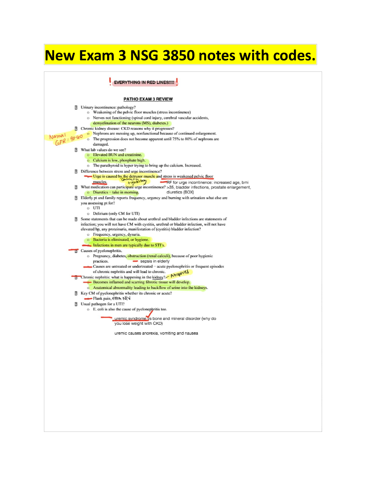 Recommended document preview for New Exam 3 NSG 3850 notes with codes.