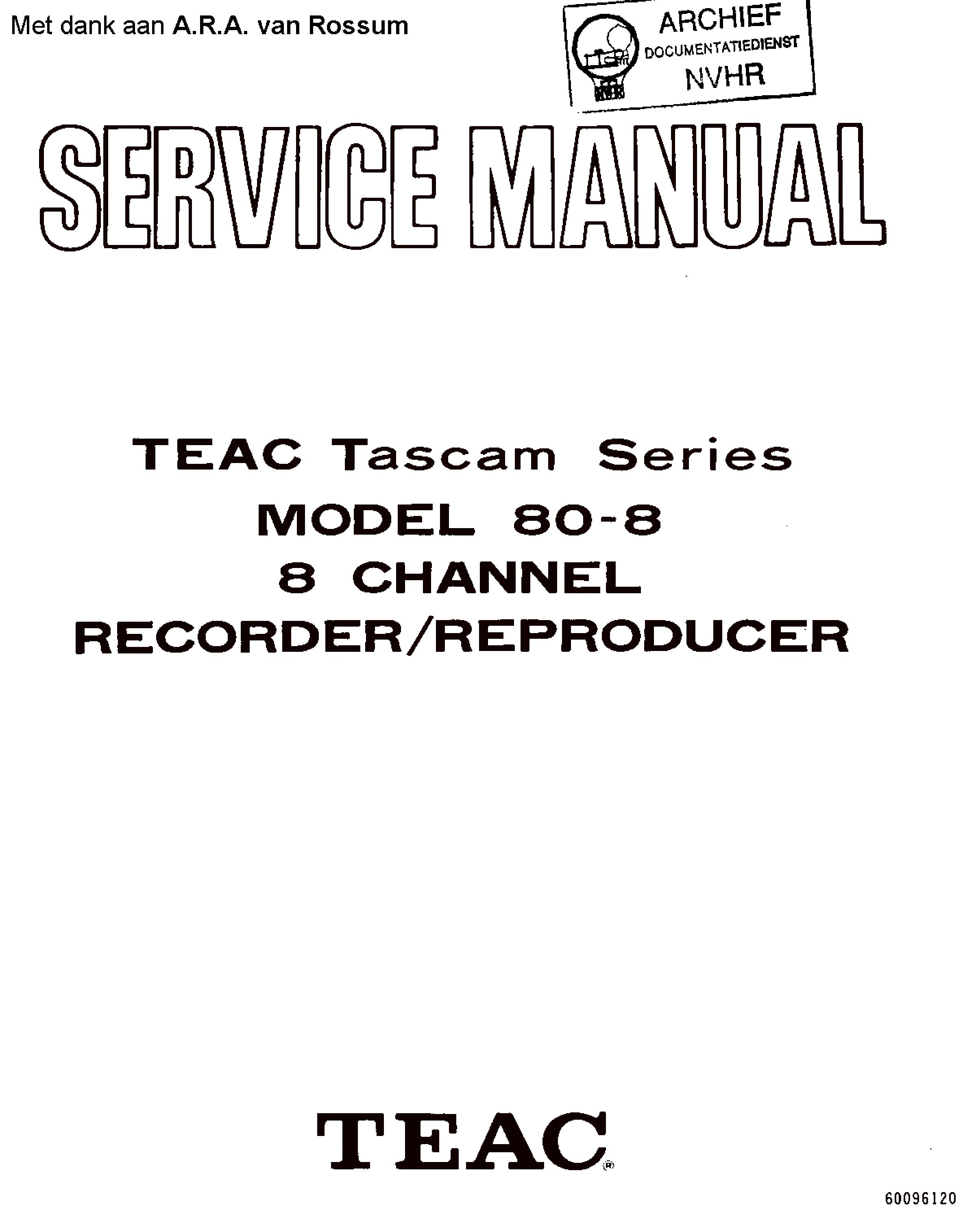 Preview image for Teac Tascam Model 80-8 Recorder Schematics Service Manual