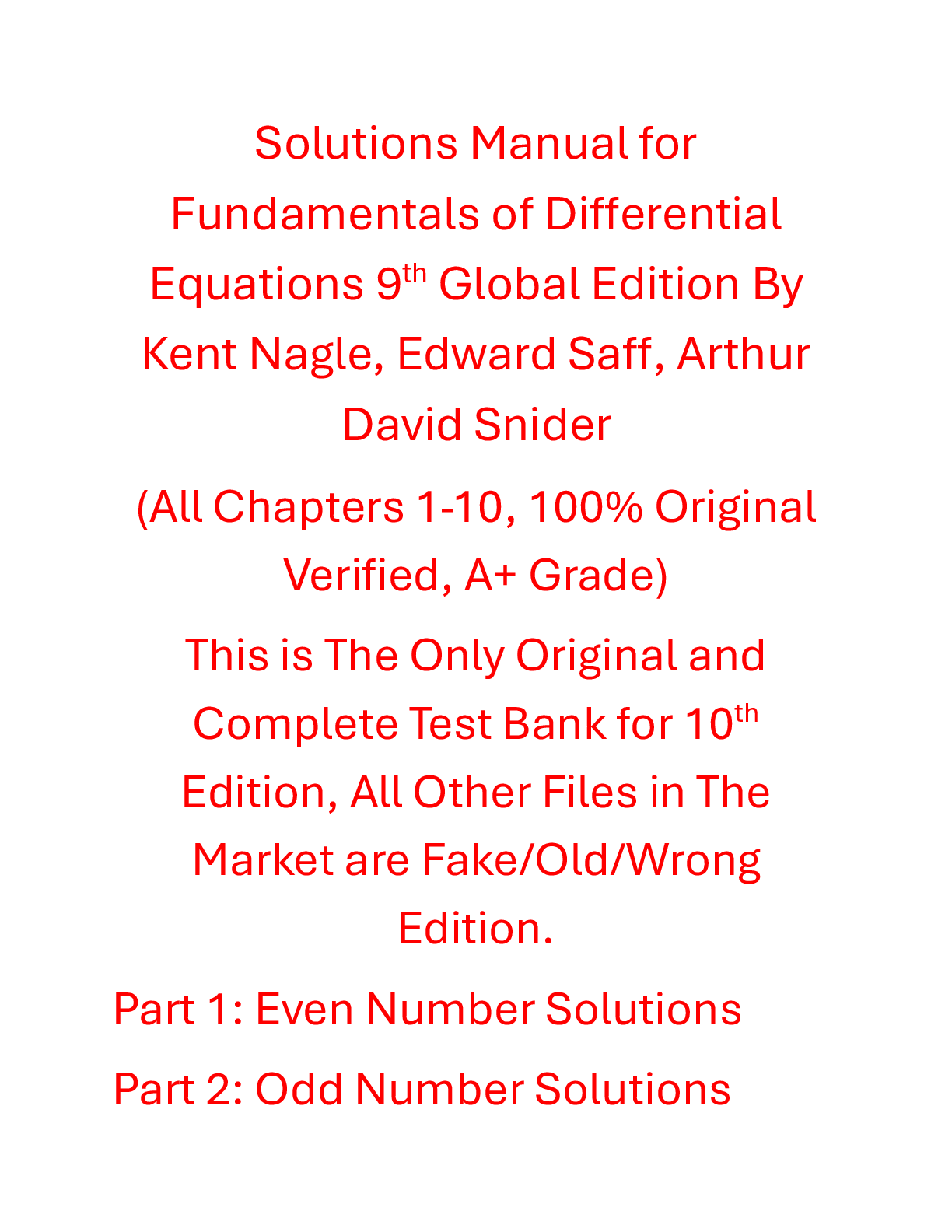 Preview of Solutions Manual Fundamentals of Differential Equations 9th Global Edition By Kent Nagle, Edward Saff, Arthur David Snider