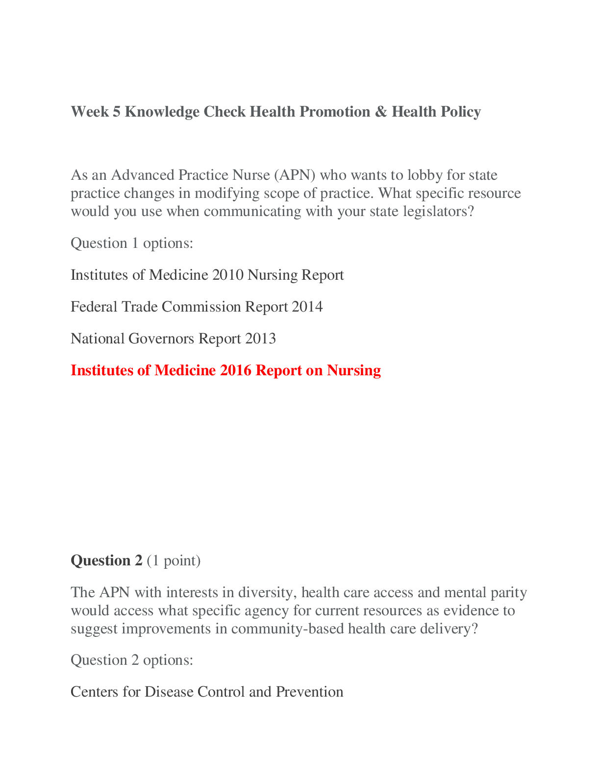 Recommended document preview for NSG 6002 Week 5 Knowledge Check, NSG 6002 Knowledge Check-NSG 6002 Healthcare Policy and Promotion, South University