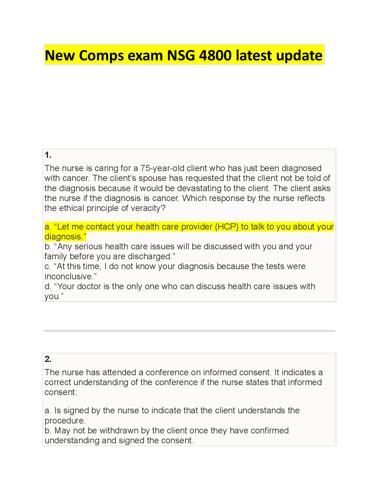 New Comps exam NSG 4800 latest update