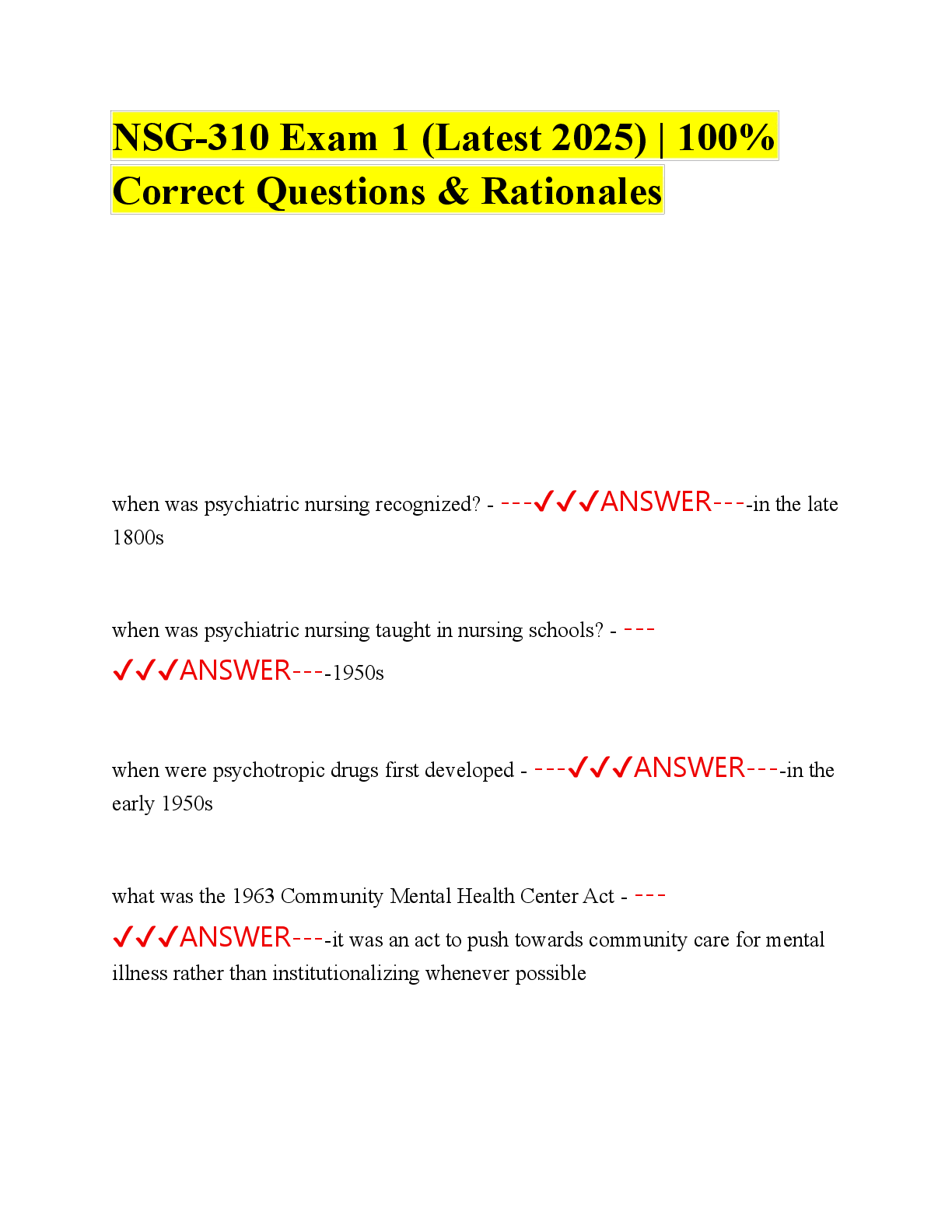 Recommended document preview for NSG-310 Exam 1 (Latest 2025) | 100% Correct Questions & Rationales