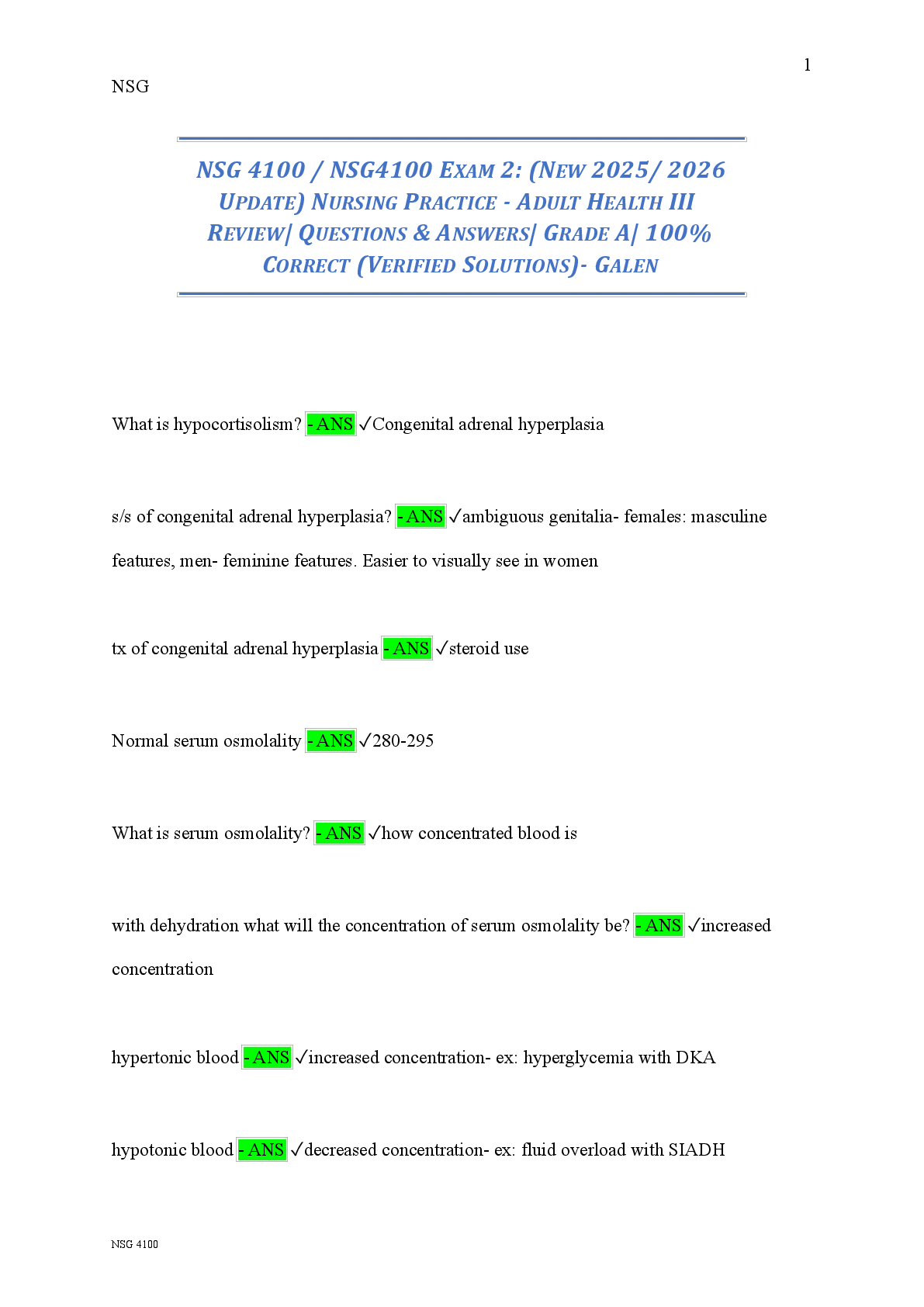 Preview of NSG 4100 / NSG4100 EXAM 2: (NEW 2025/ 2026 UPDATE) NURSING PRACTICE - ADULT HEALTH III REVIEW| QUESTIONS & ANSWERS| GRADE A| 100% CORRECT (VERIFIED SOLUTIONS)- GALEN