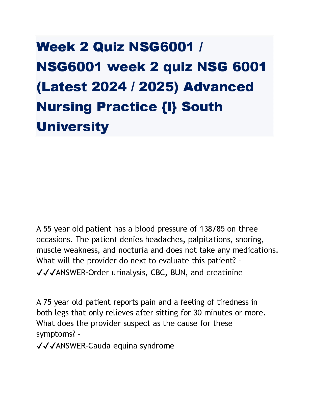 Preview of Week 2 Quiz NSG6001 / NSG6001 week 2 quiz NSG 6001 (Latest 2024 / 2025) Advanced Nursing Practice {I} South University