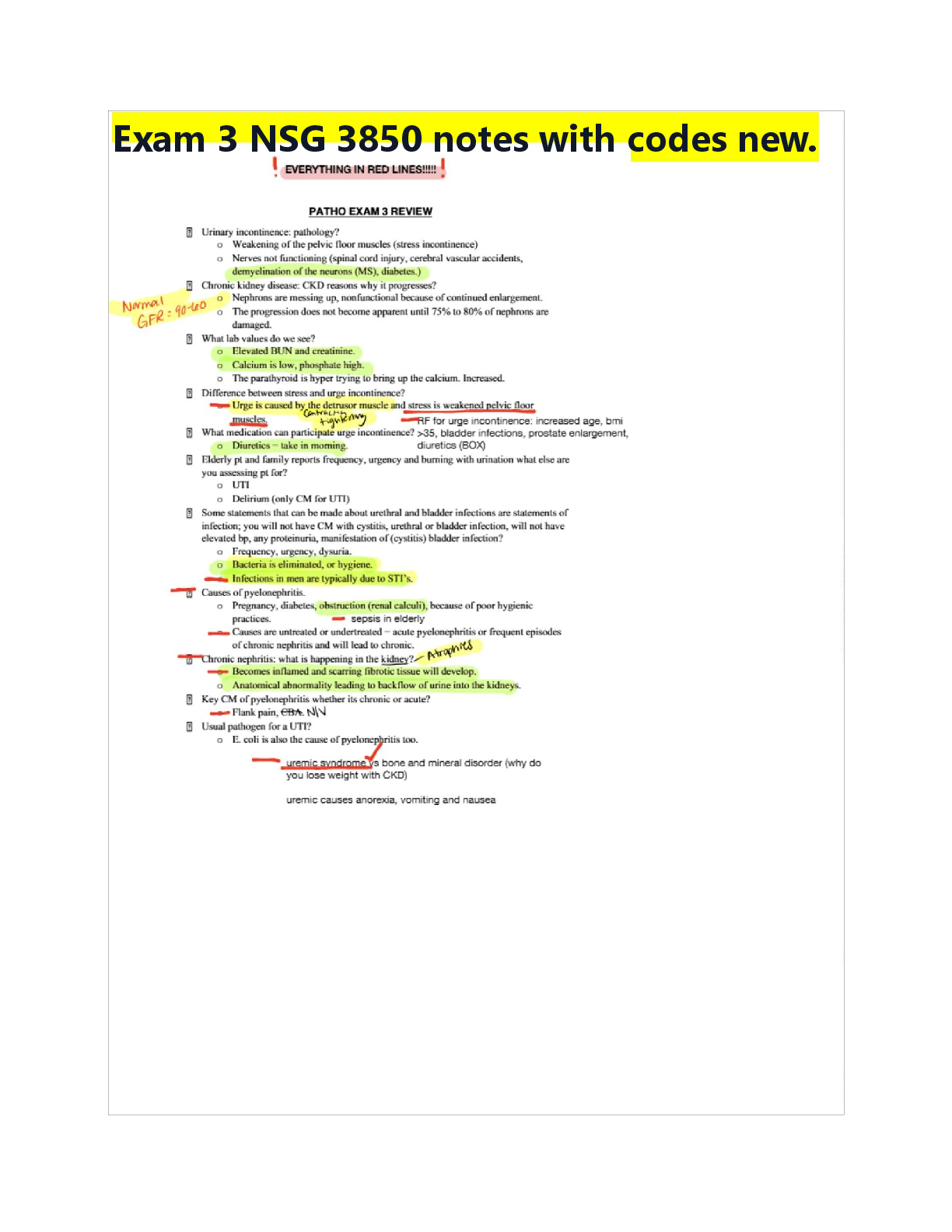 Exam 3 NSG 3850 notes with codes new.