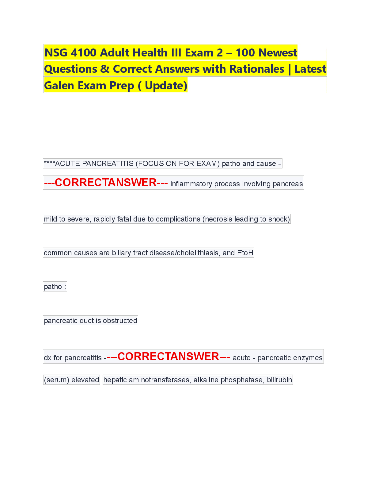 Recommended document preview for NSG 4100 Adult Health III Exam 2 – 100 Newest Questions & Correct Answers with Rationales | Latest Galen Exam Prep ( Update)