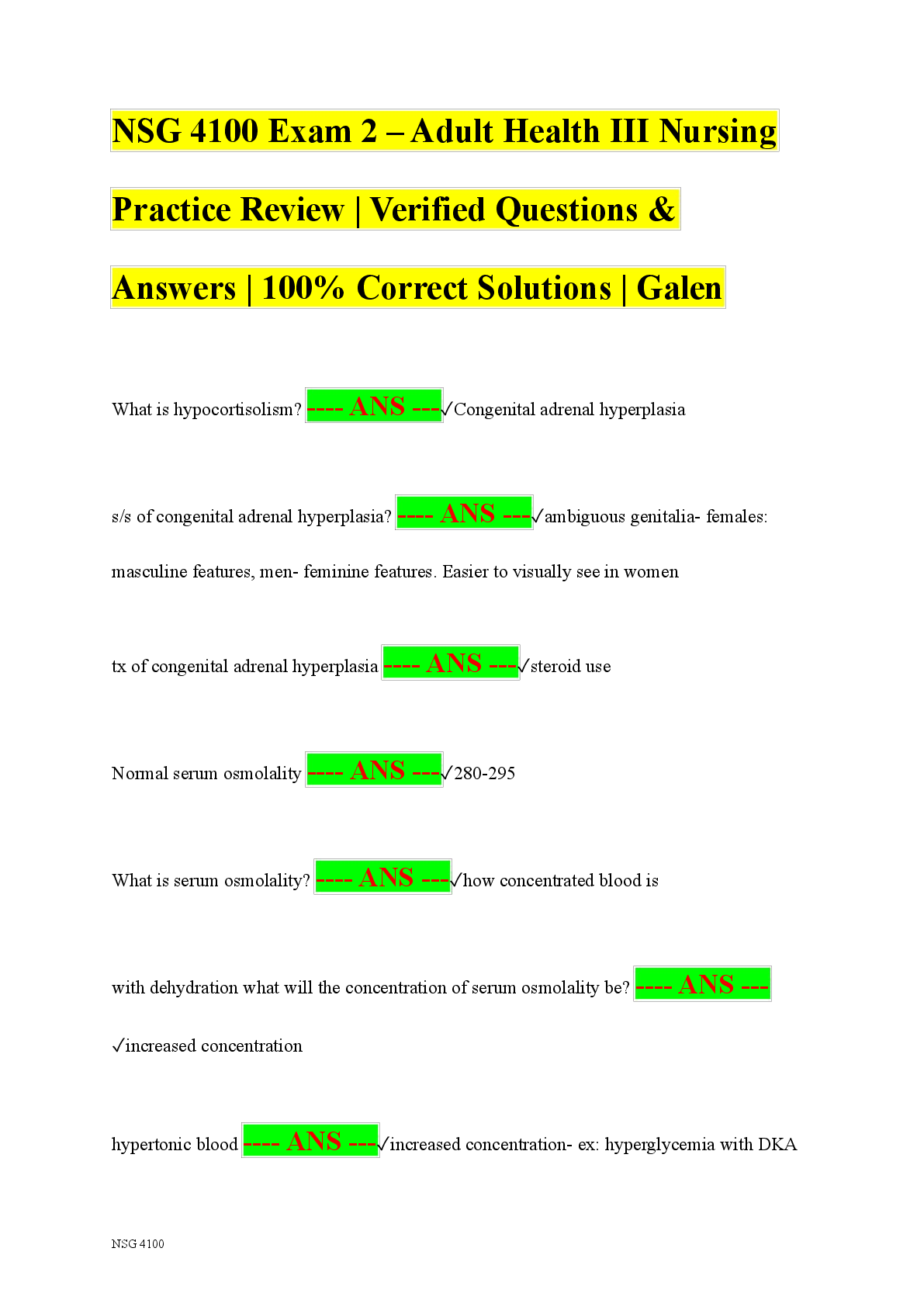 Recommended document preview for NSG 4100 Exam 2 – Adult Health III Nursing Practice Review | Verified Questions & Answers | 100% Correct Solutions | Galen
