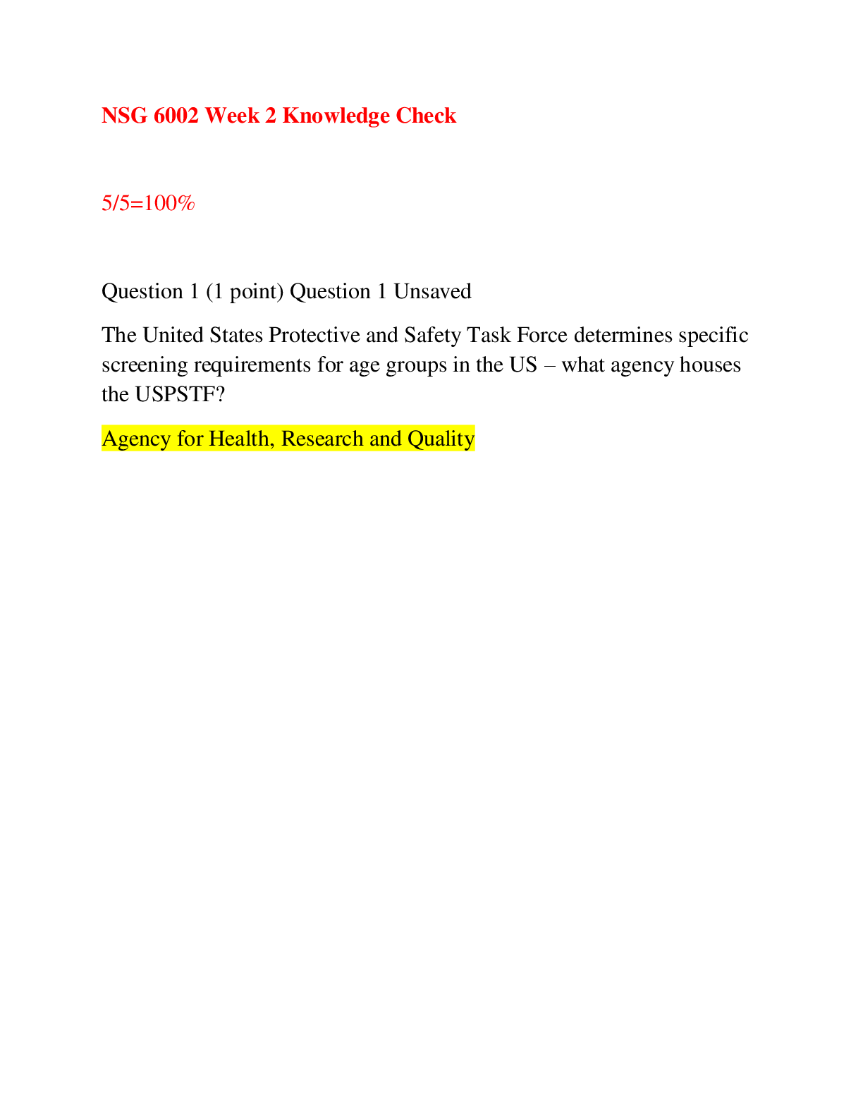 Recommended document preview for NNSG 6002 Week 2 Knowledge Check, NSG 6002 Knowledge Check-NSG 6002 Healthcare Policy and Promotion, South University