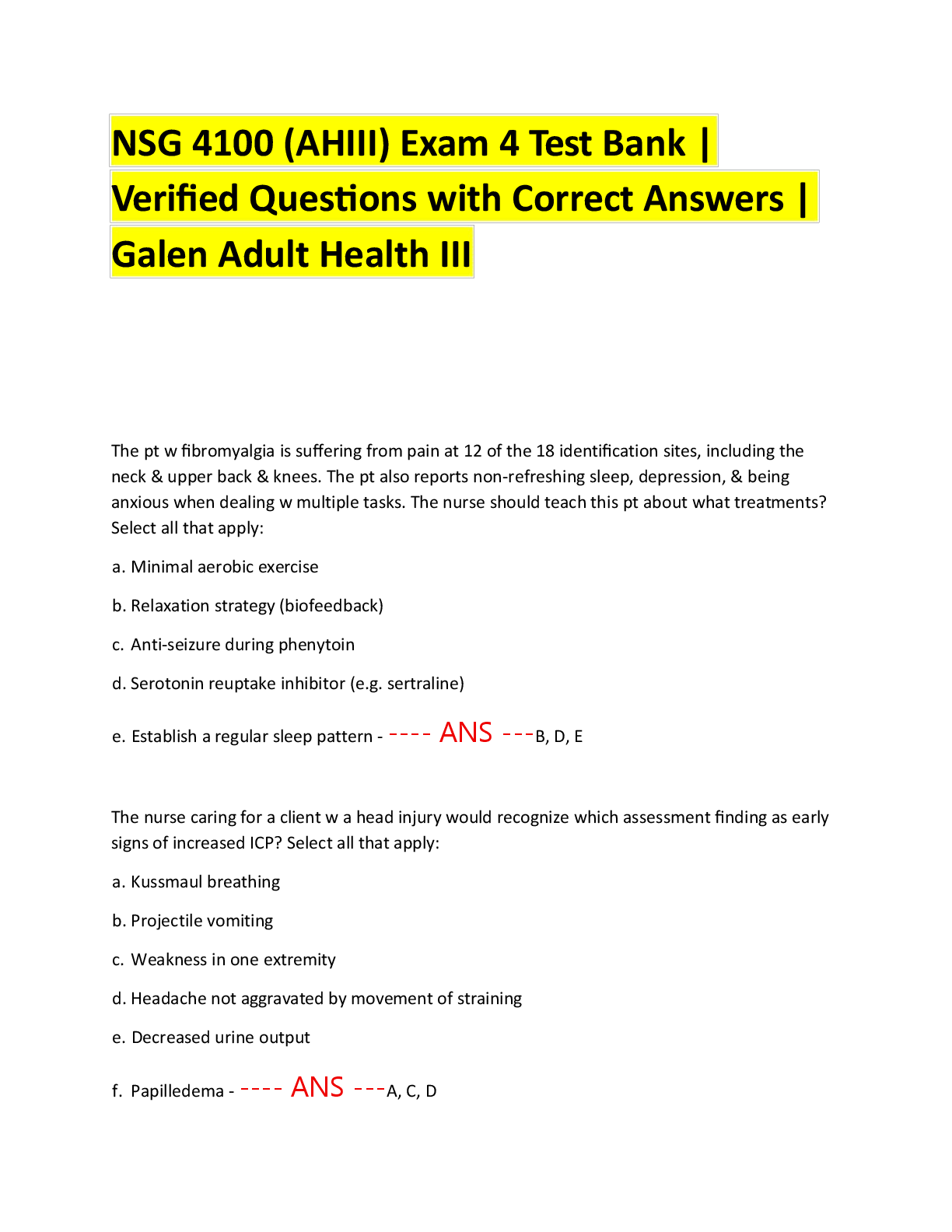 Recommended document preview for NSG 4100 (AHIII) Exam 4 Test Bank | Verified Questions with Correct Answers | Galen Adult Health III