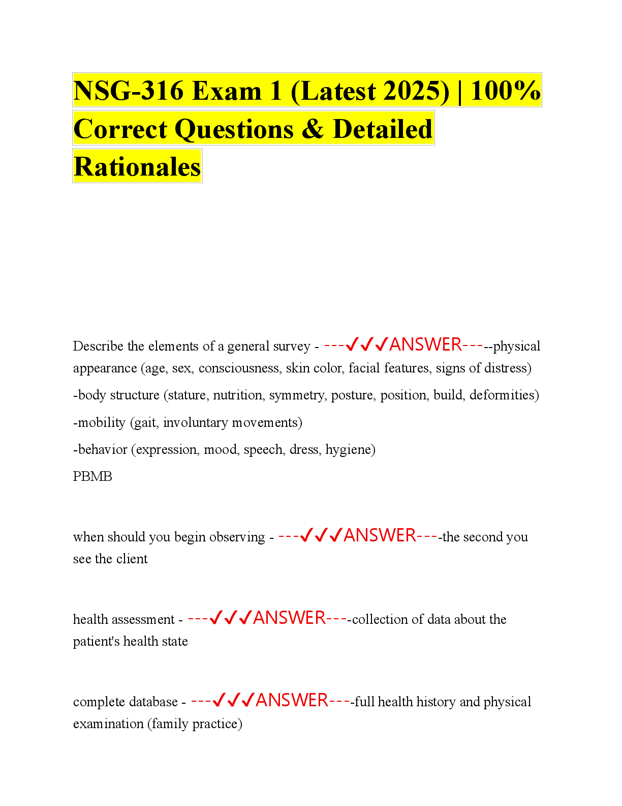 Recommended document preview for NSG-316 Exam 1 (Latest 2025) | 100% Correct Questions & Detailed Rationales