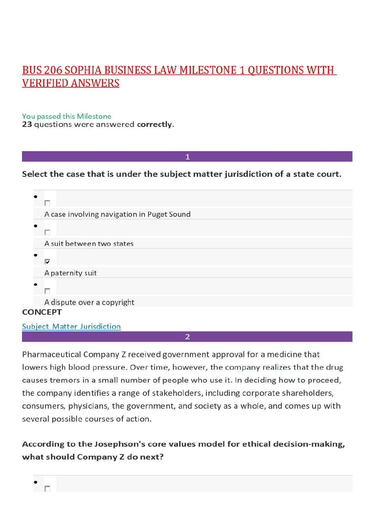 Recommended document preview for BUS 206 SOPHIA BUSINESS LAW MILESTONE 1 QUESTIONS WITH VERIFIED ANSWERS,100%CORRECT