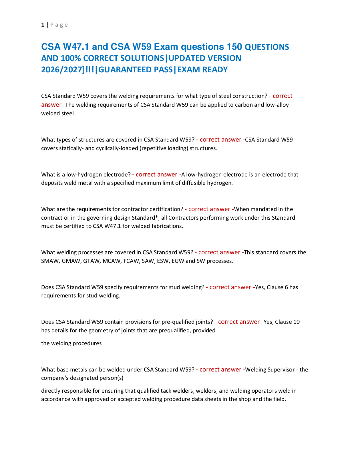 Preview of CSA W47.1 and CSA W59 Exam questions 150 QUESTIONS  AND 100% CORRECT SOLUTIONS|UPDATED VERSION  2026/2027]!!!|GUARANTEED PASS|EXAM READY