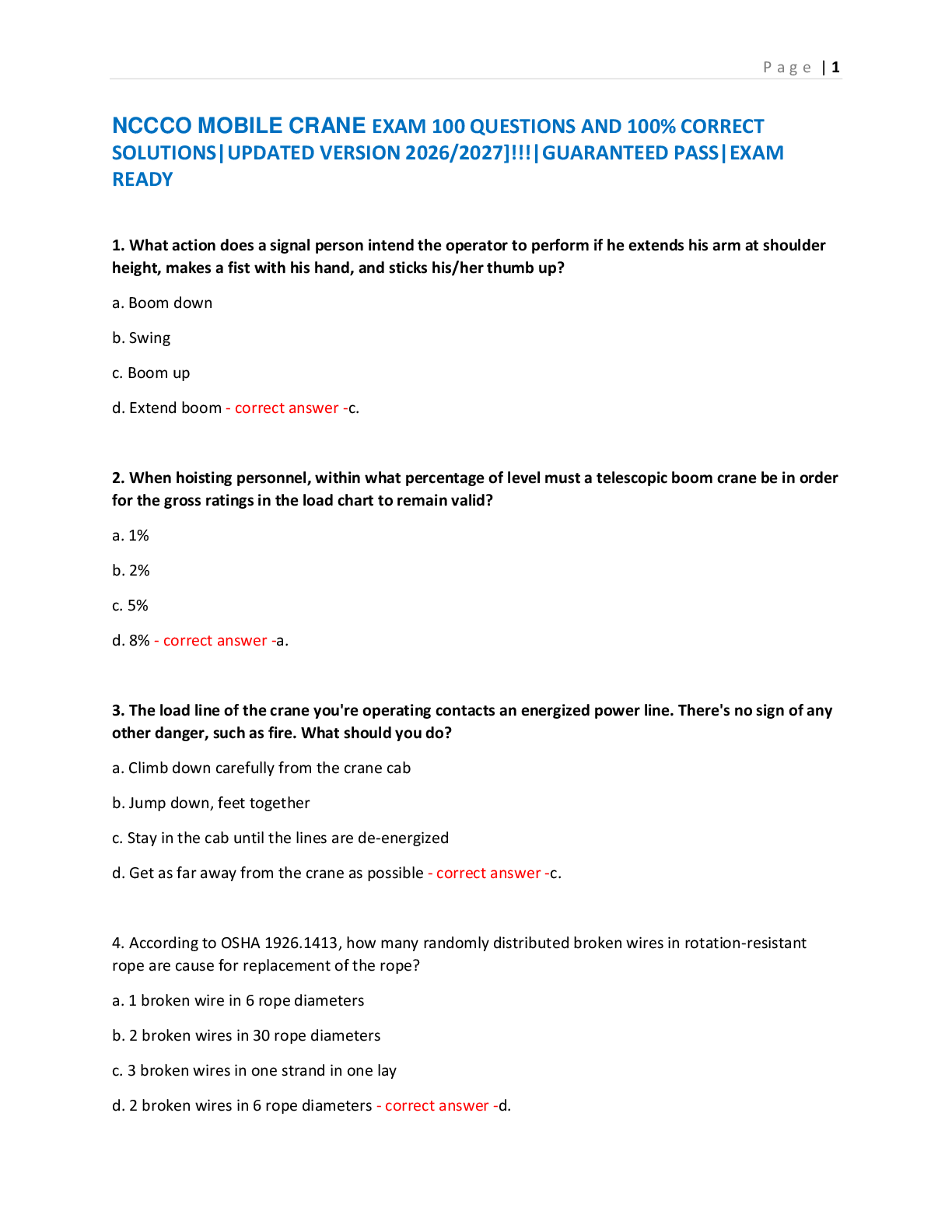 NCCCO MOBILE CRANE EXAM 100 QUESTIONS AND 100% CORRECT  SOLUTIONS|UPDATED VERSION 2026/2027]!!!|GUARANTEED PASS|EXAM  READY