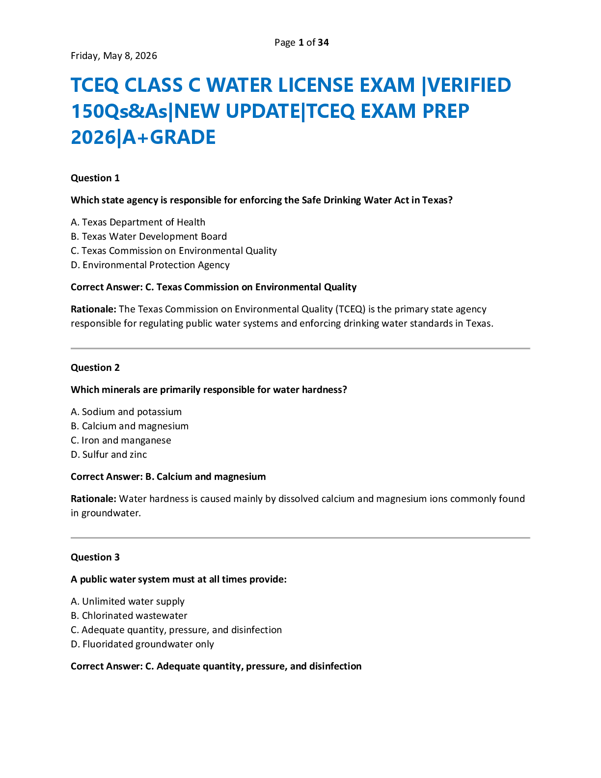 TCEQ CLASS C WATER LICENSE EXAM |VERIFIED  150Qs&As|NEW UPDATE|TCEQ EXAM PREP  2026|A+GRADE