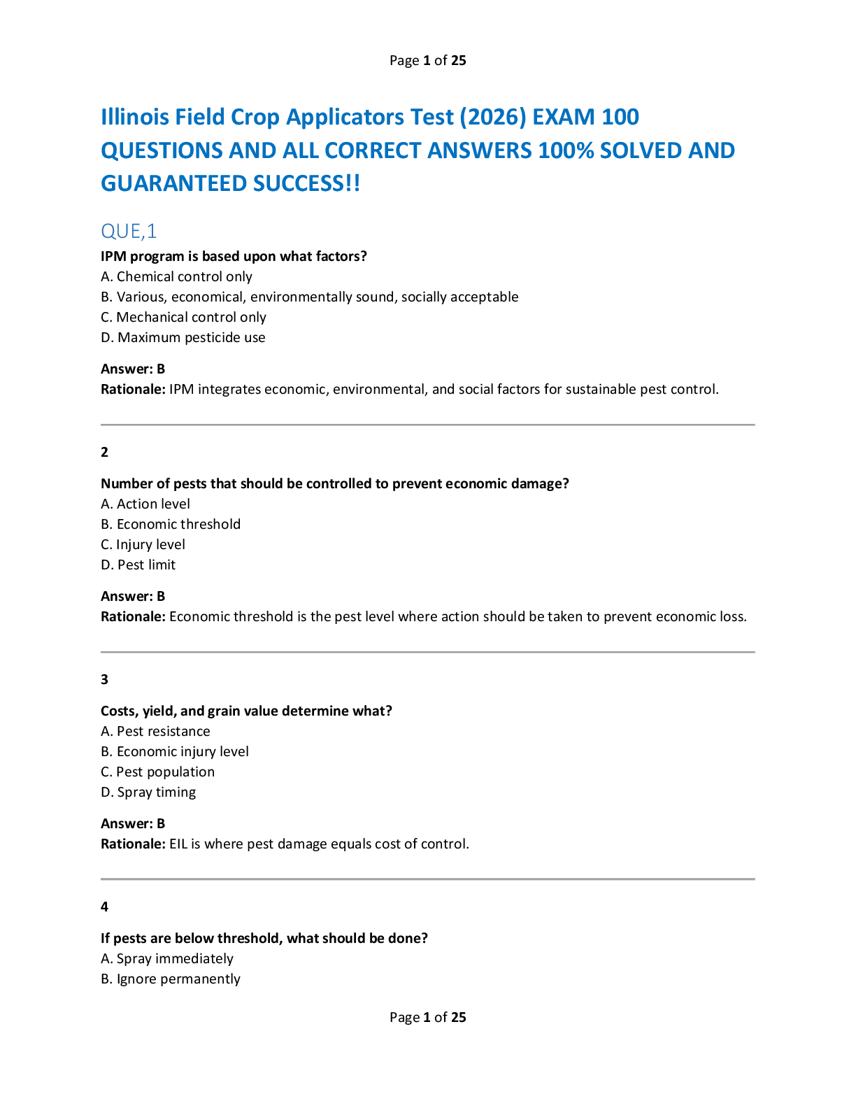 Recommended document preview for Illinois Field Crop Applicators Test (2026) EXAM 100  QUESTIONS AND ALL CORRECT ANSWERS 100% SOLVED AND  GUARANTEED SUCCESS!!