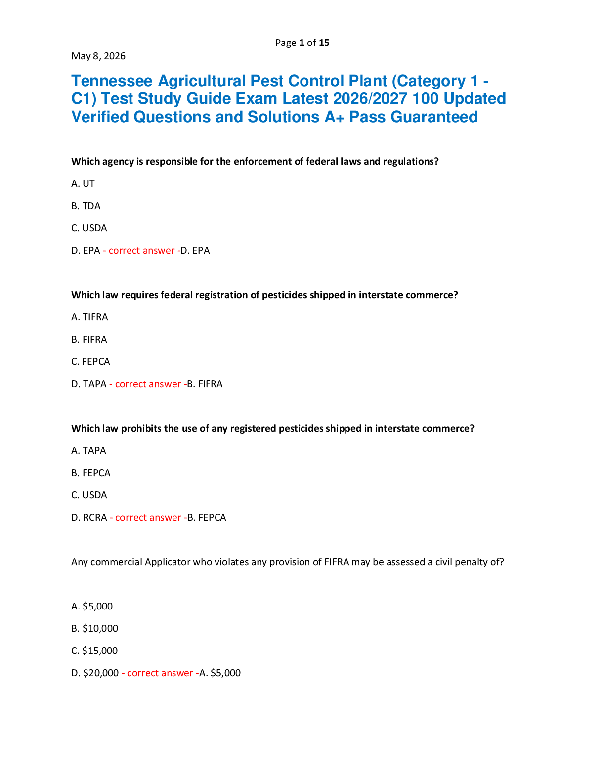 Recommended document preview for Tennessee Agricultural Pest Control Plant (Category 1 -  C1) Test Study Guide Exam Latest 2026/2027 100 Updated  Verified Questions and Solutions A+ Pass Guaranteed