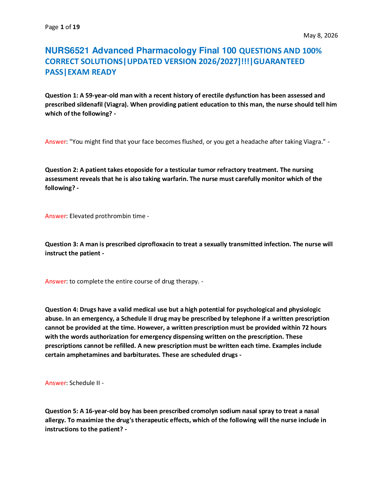 NURS6521 Advanced Pharmacology Final 100 QUESTIONS AND 100%  CORRECT SOLUTIONS|UPDATED VERSION 2026/2027]!!!|GUARANTEED  PASS|EXAM READY