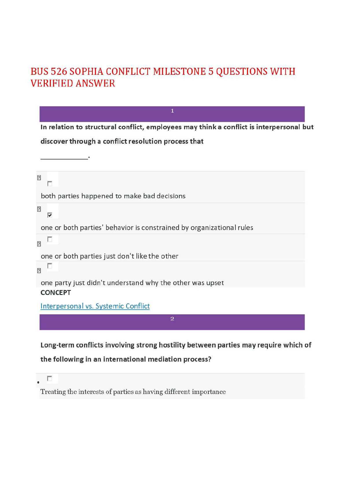 Preview of BUS 526 SOPHIA CONFLICT MILESTONE 5 QUESTIONS WITH VERIFIED ANSWER,100%CORRECT