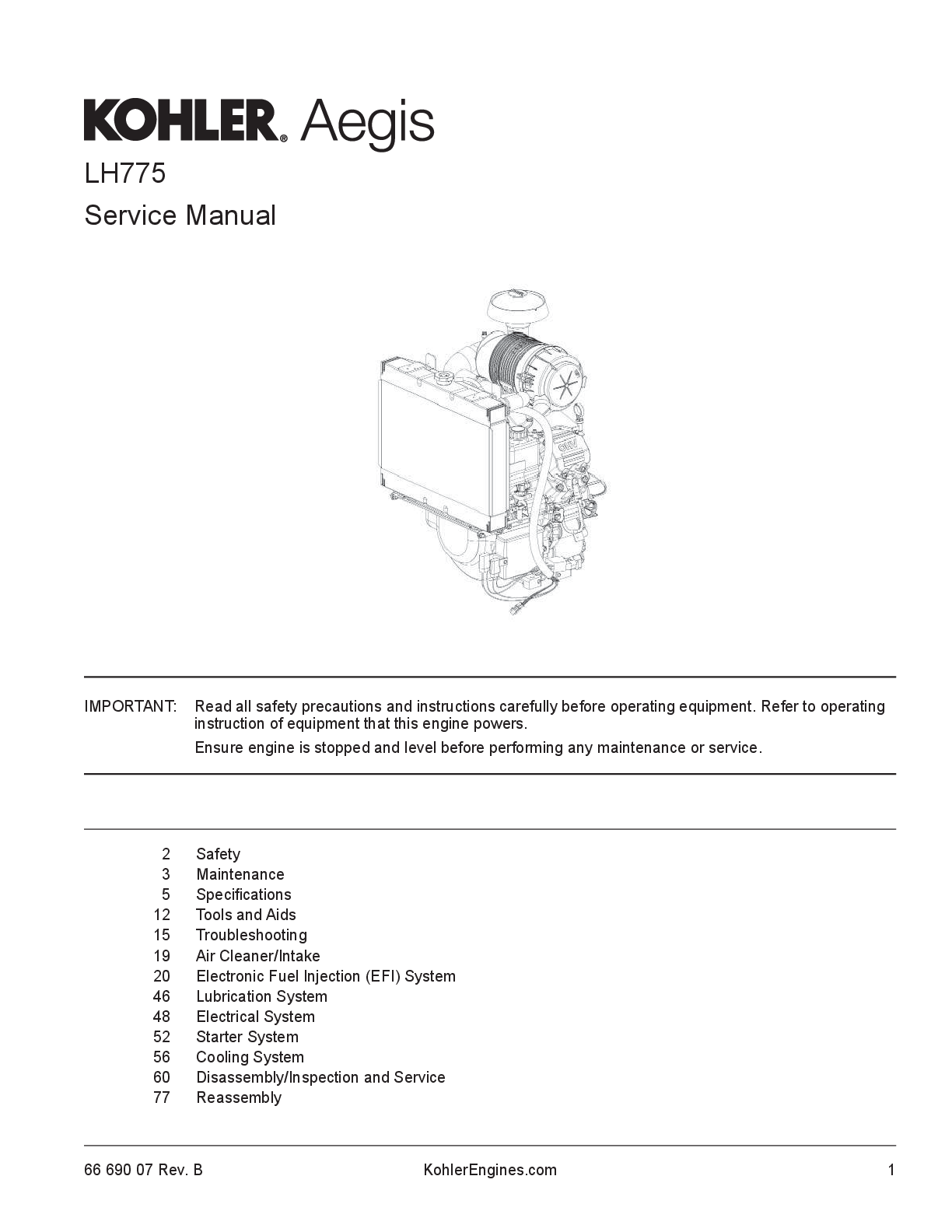 Preview image for Kohler Aegis Lh755 Liquid-Cooled 4-Stroke Service Repair Manual