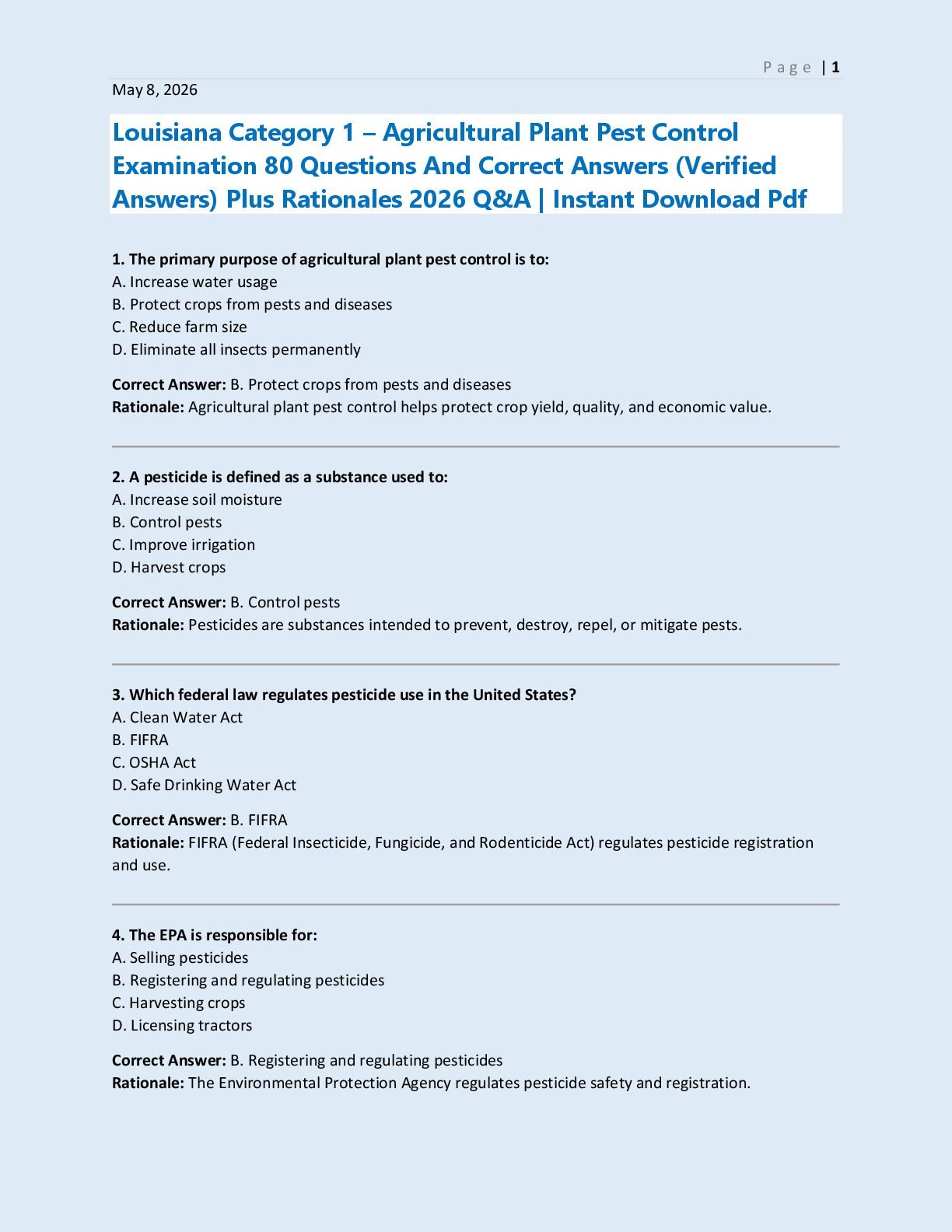 Louisiana Category 1 – Agricultural Plant Pest Control  Examination 80 Questions And Correct Answers (Verified  Answers) Plus Rationales 2026 Q&A | Instant Download Pdf