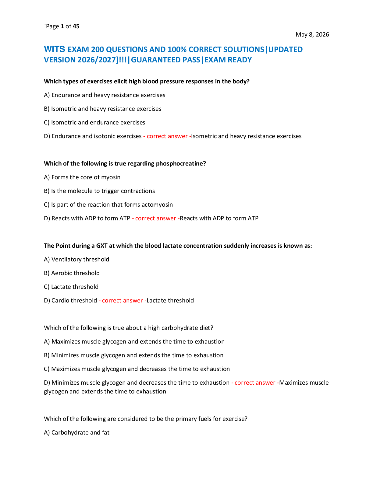 Recommended document preview for WITS EXAM 200 QUESTIONS AND 100% CORRECT SOLUTIONS|UPDATED  VERSION 2026/2027]!!!|GUARANTEED PASS|EXAM READY