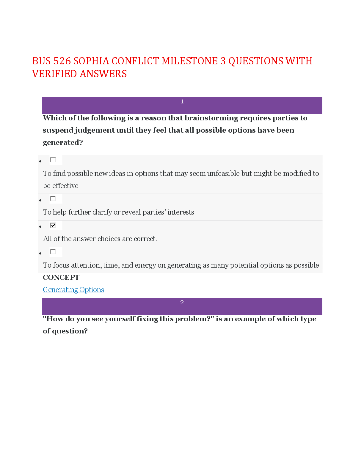 BUS 526 SOPHIA CONFLICT MILESTONE 3 QUESTIONS WITH VERIFIED ANSWERS,100%CORRECT