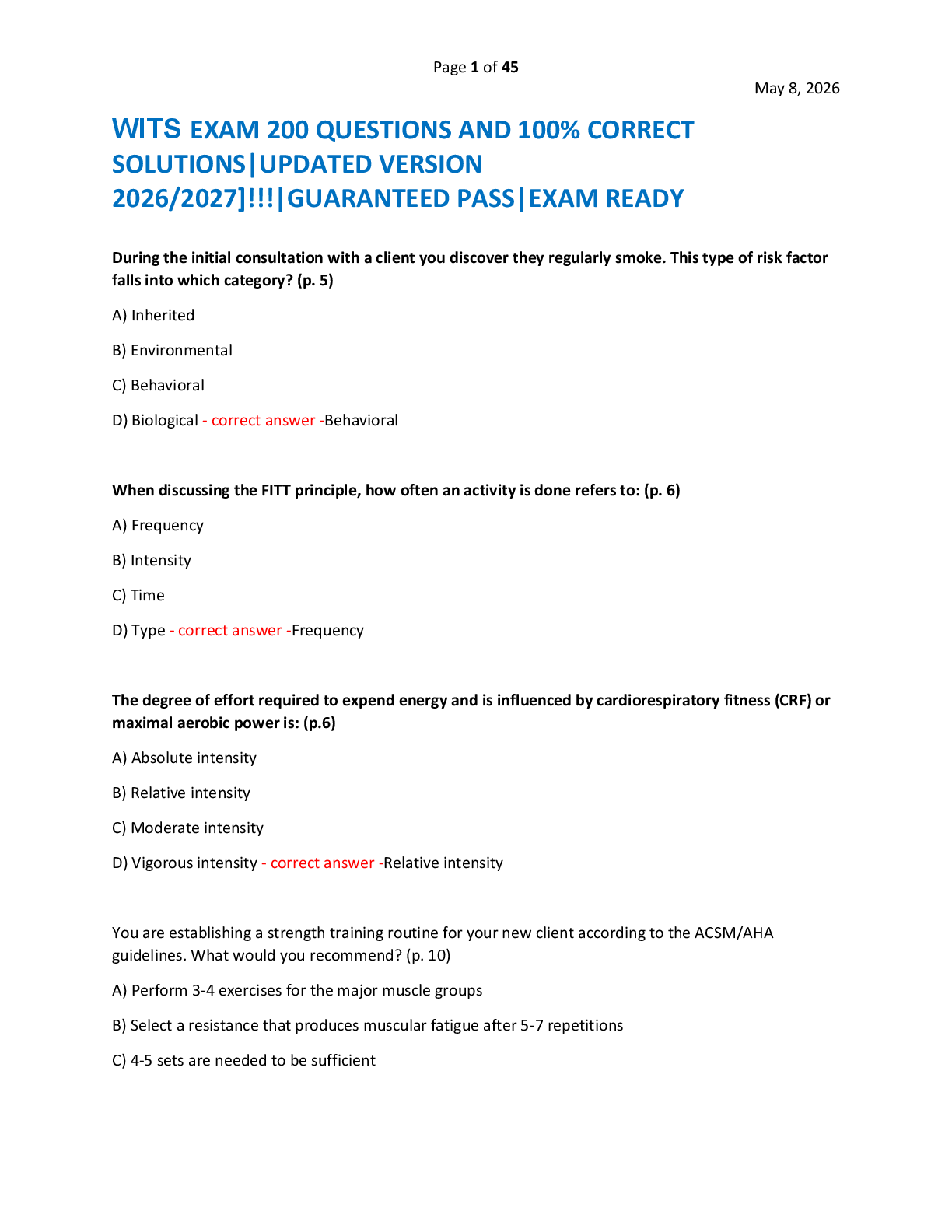 Recommended document preview for WITS EXAM 200 QUESTIONS AND 100% CORRECT  SOLUTIONS|UPDATED VERSION  2026/2027]!!!|GUARANTEED PASS|EXAM READY