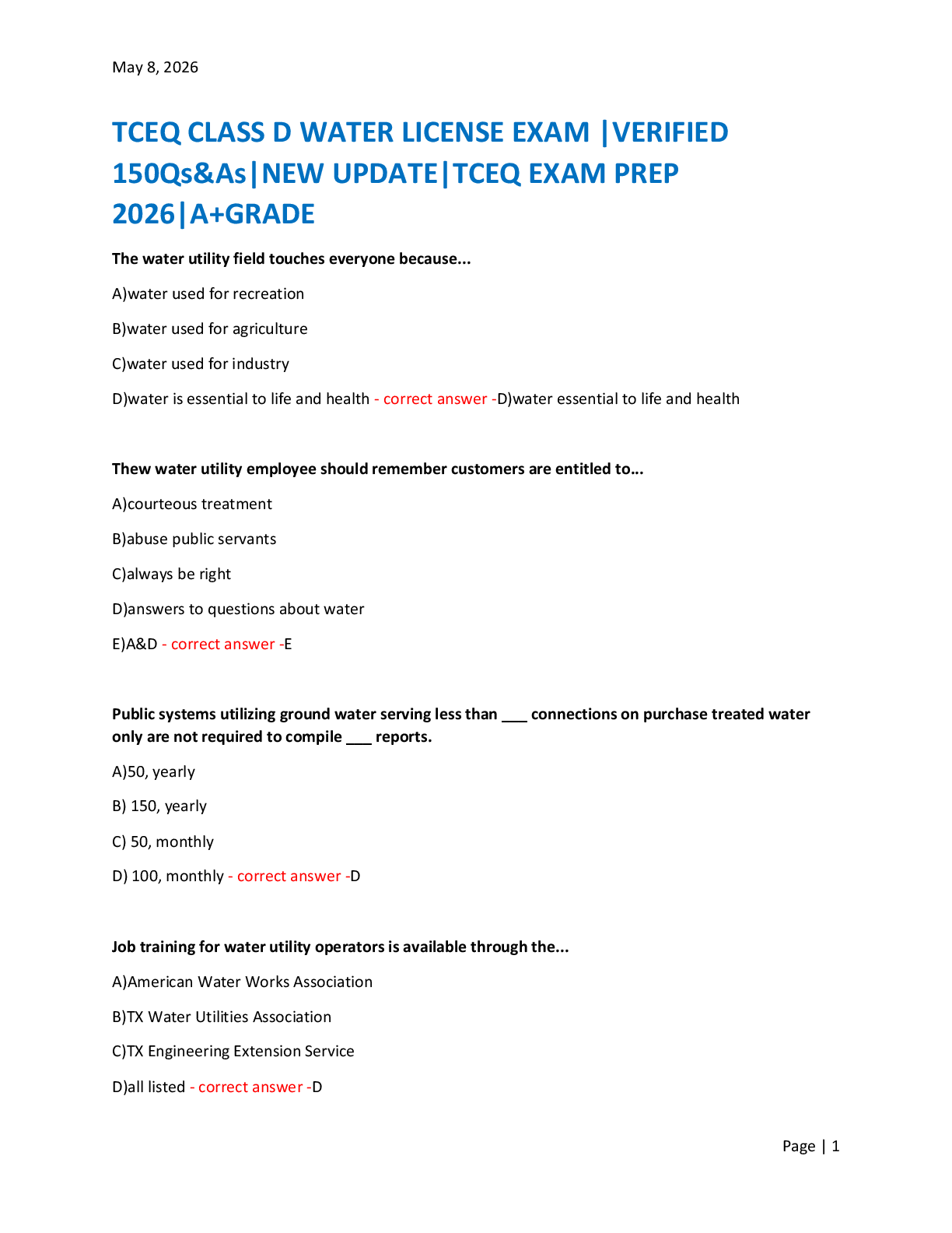 TCEQ CLASS D WATER LICENSE EXAM |VERIFIED  150Qs&As|NEW UPDATE|TCEQ EXAM PREP  2026|A+GRADE