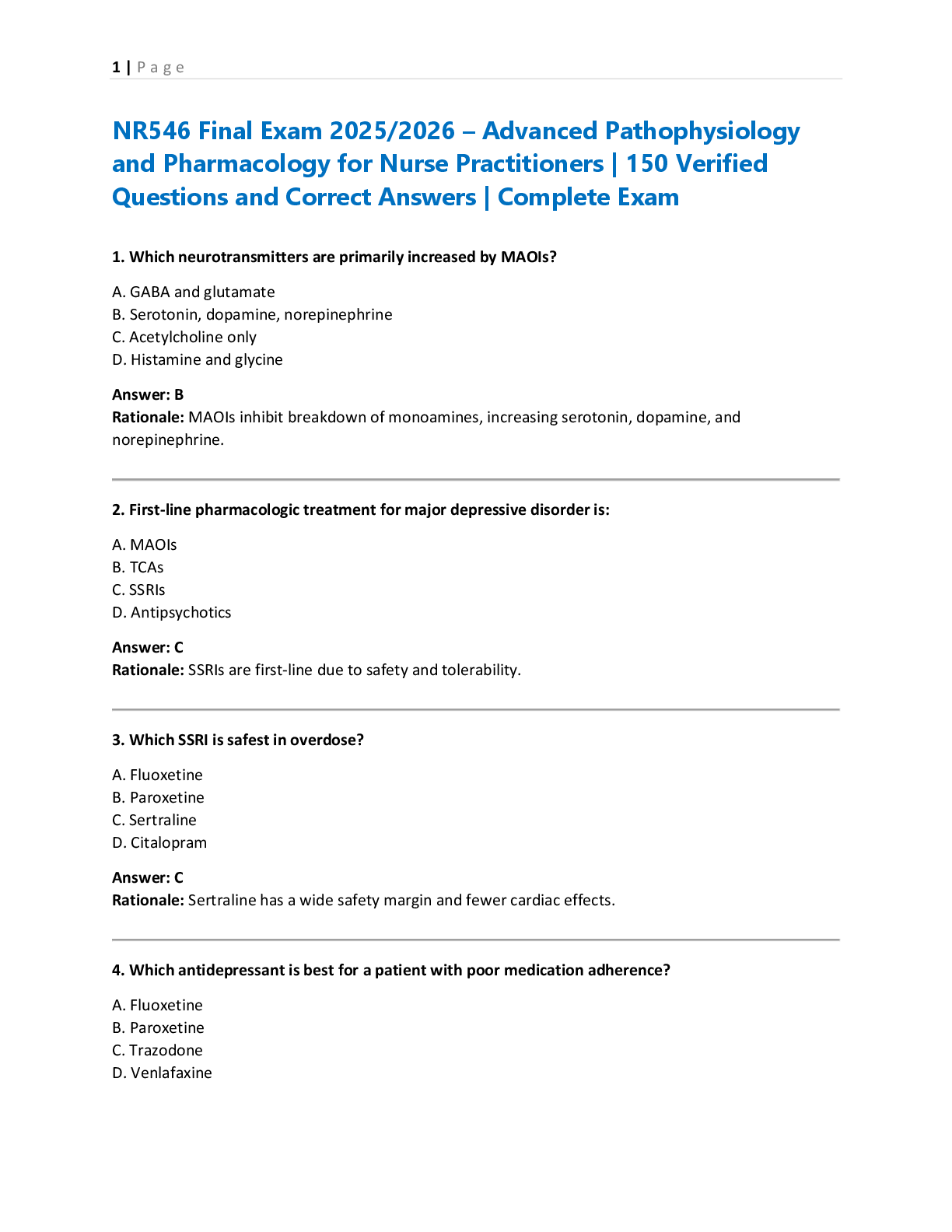 Preview of NR546 Final Exam 2025/2026 – Advanced Pathophysiology  and Pharmacology for Nurse Practitioners | 150 Verified  Questions and Correct Answers | Complete Exam