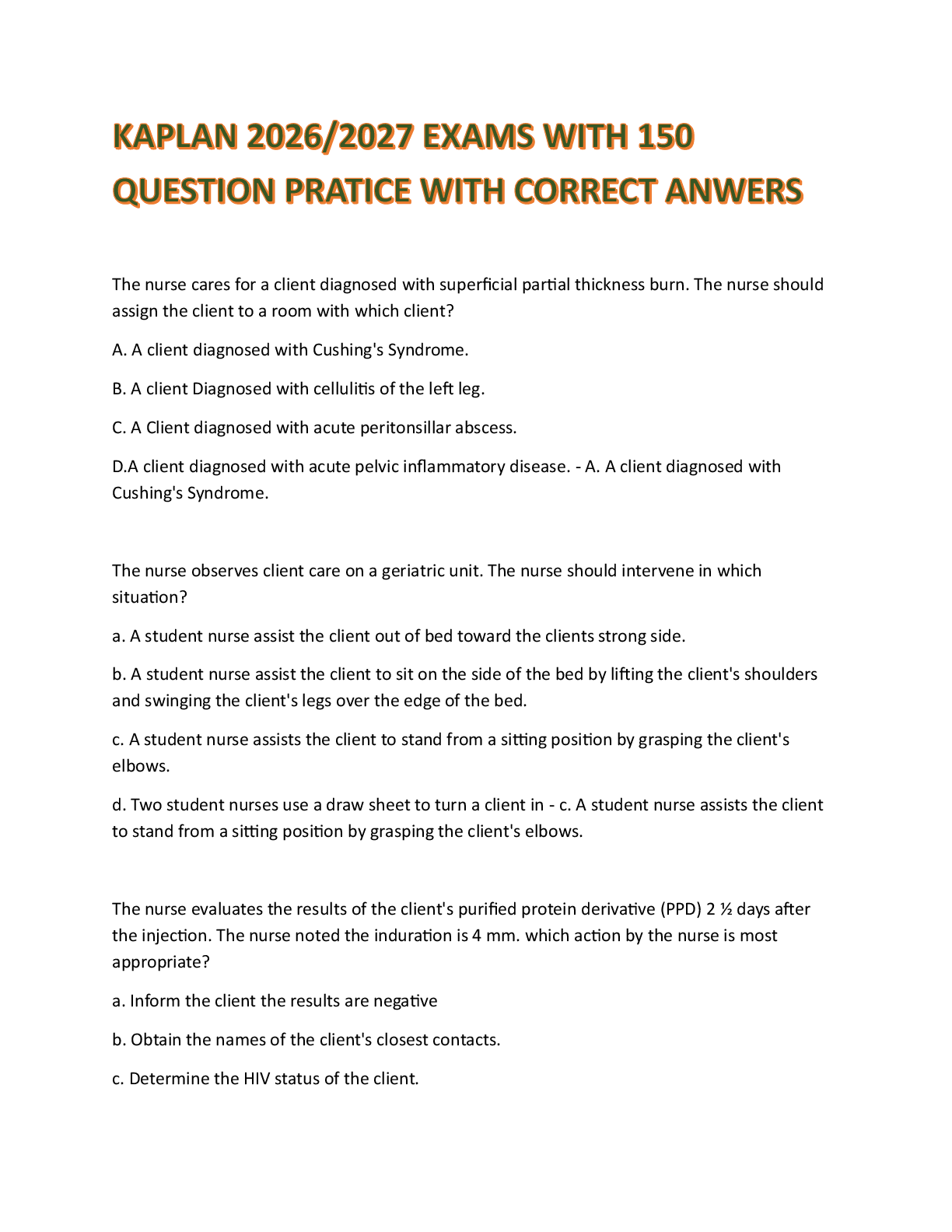 KAPLAN 2026/2027 EXAMS WITH 150 QUESTION PRATICE WITH CORRECT ANWERS
