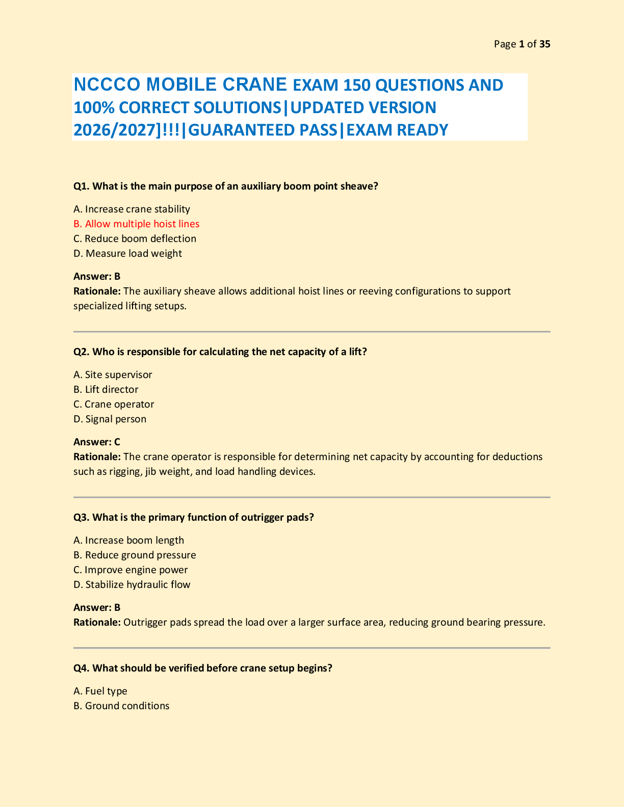 NCCCO MOBILE CRANE EXAM 150 QUESTIONS AND  100% CORRECT SOLUTIONS|UPDATED VERSION  2026/2027]!!!|GUARANTEED PASS|EXAM READY