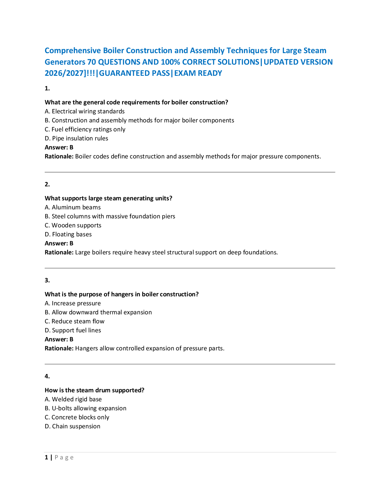 Preview of Comprehensive Boiler Construction and Assembly Techniques for Large Steam  Generators 70 QUESTIONS AND 100% CORRECT SOLUTIONS|UPDATED VERSION  2026/2027]!!!|GUARANTEED PASS|EXAM READY
