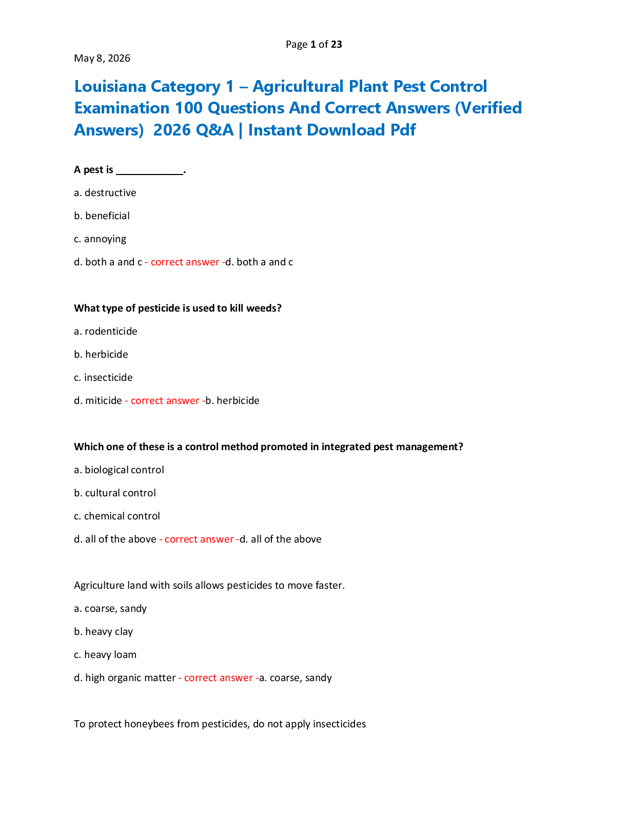 Louisiana Category 1 – Agricultural Plant Pest Control  Examination 100 Questions And Correct Answers (Verified  Answers)  2026 Q&A | Instant Download Pdf