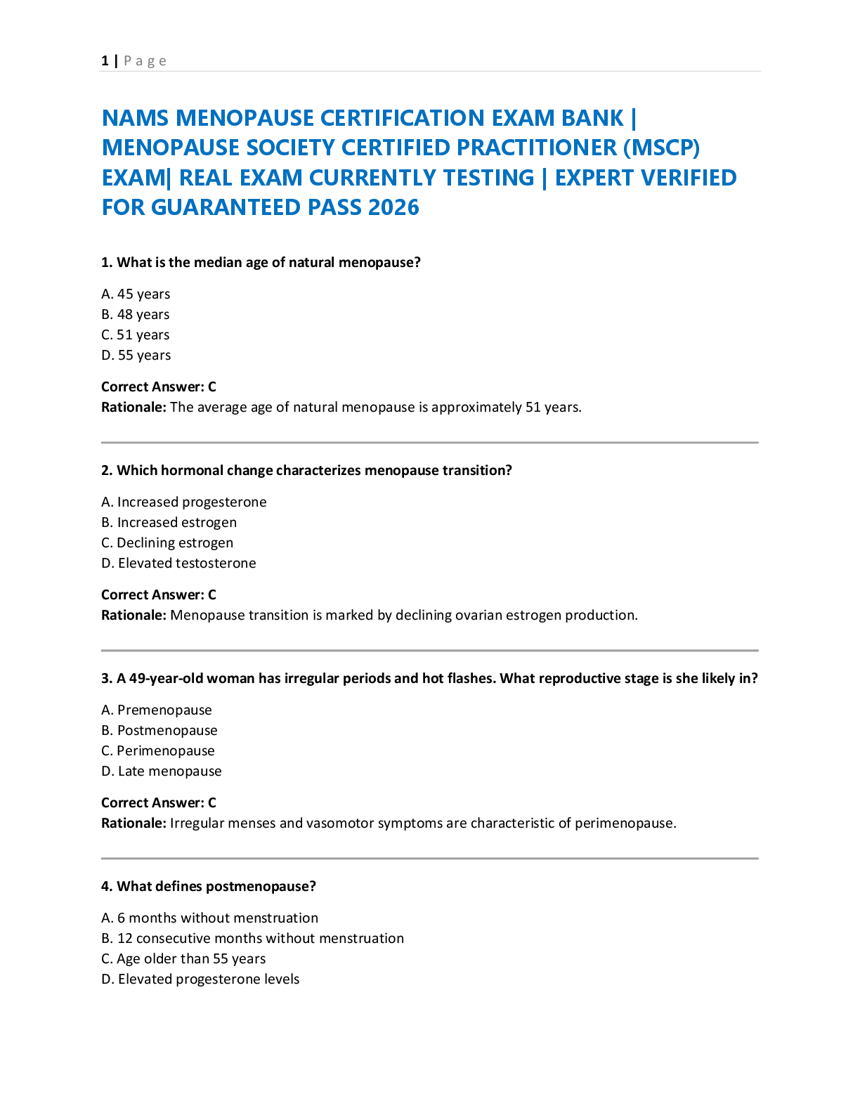 Recommended document preview for NAMS MENOPAUSE CERTIFICATION EXAM BANK |  MENOPAUSE SOCIETY CERTIFIED PRACTITIONER (MSCP)  EXAM| REAL EXAM CURRENTLY TESTING | EXPERT VERIFIED  FOR GUARANTEED PASS 2026