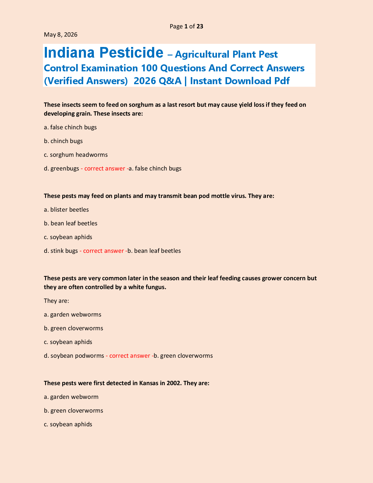 Indiana Pesticide – Agricultural Plant Pest  Control Examination 100 Questions And Correct Answers  (Verified Answers)  2026 Q&A | Instant Download Pdf