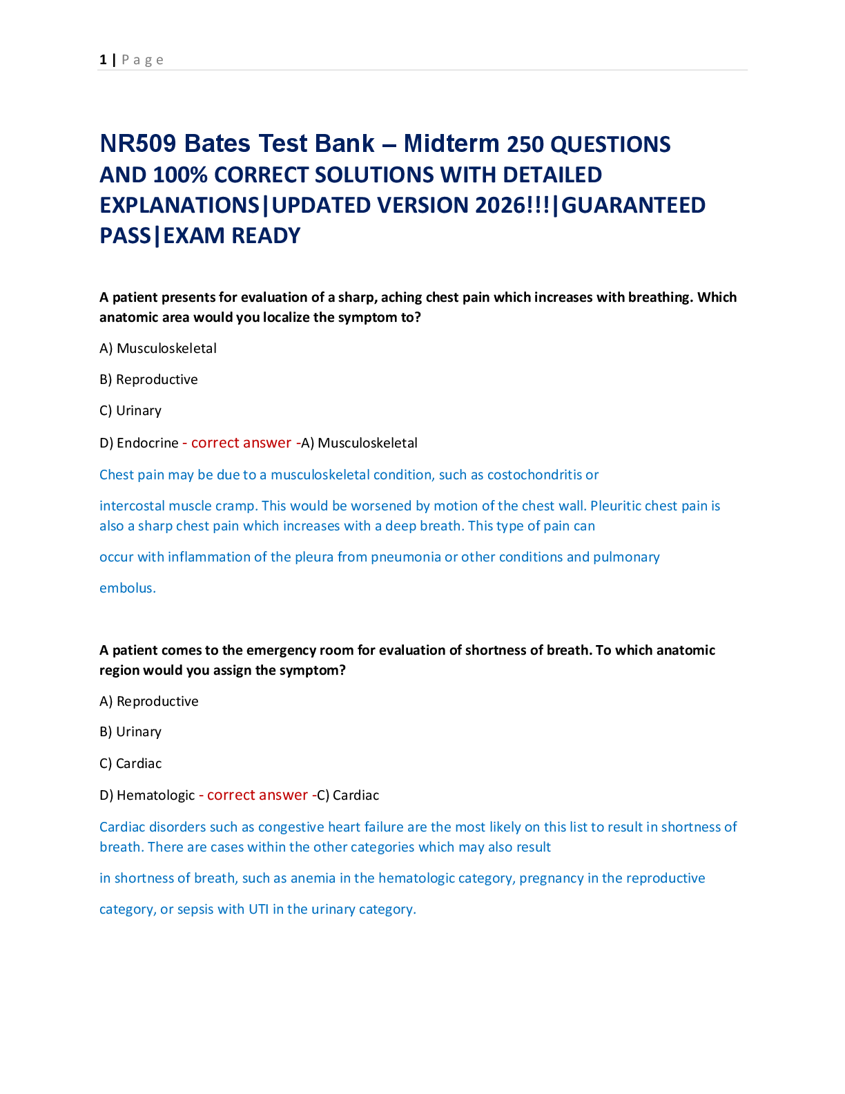 Recommended document preview for NR509 Bates Test Bank – Midterm 250 QUESTIONS  AND 100% CORRECT SOLUTIONS WITH DETAILED  EXPLANATIONS|UPDATED VERSION 2026!!!|GUARANTEED  PASS|EXAM READY