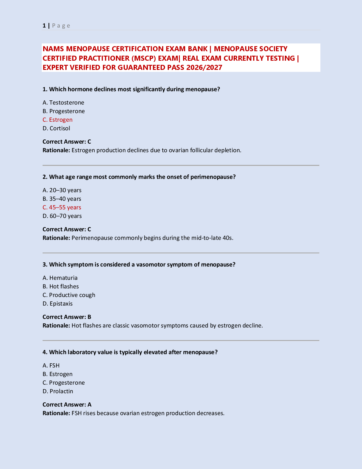 NAMS MENOPAUSE CERTIFICATION EXAM BANK | MENOPAUSE SOCIETY  CERTIFIED PRACTITIONER (MSCP) EXAM| REAL EXAM CURRENTLY TESTING |  EXPERT VERIFIED FOR GUARANTEED PASS 2026/2027