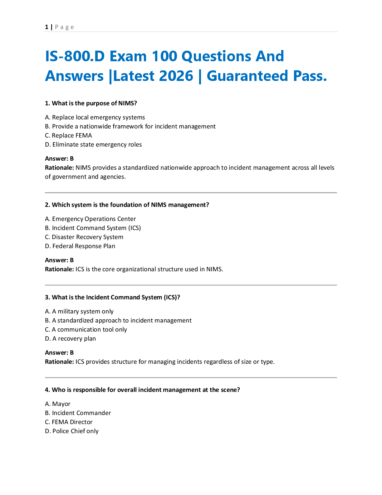 Recommended document preview for IS-800.D Exam 100 Questions And  Answers |Latest 2026 | Guaranteed Pass.