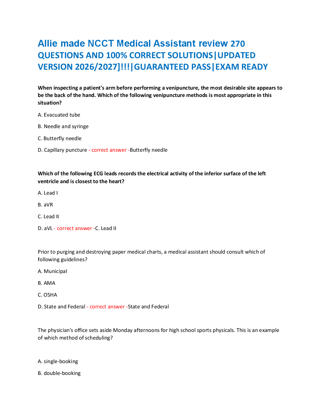 Allie made NCCT Medical Assistant review 270  QUESTIONS AND 100% CORRECT SOLUTIONS|UPDATED  VERSION 2026/2027]!!!|GUARANTEED PASS|EXAM READY