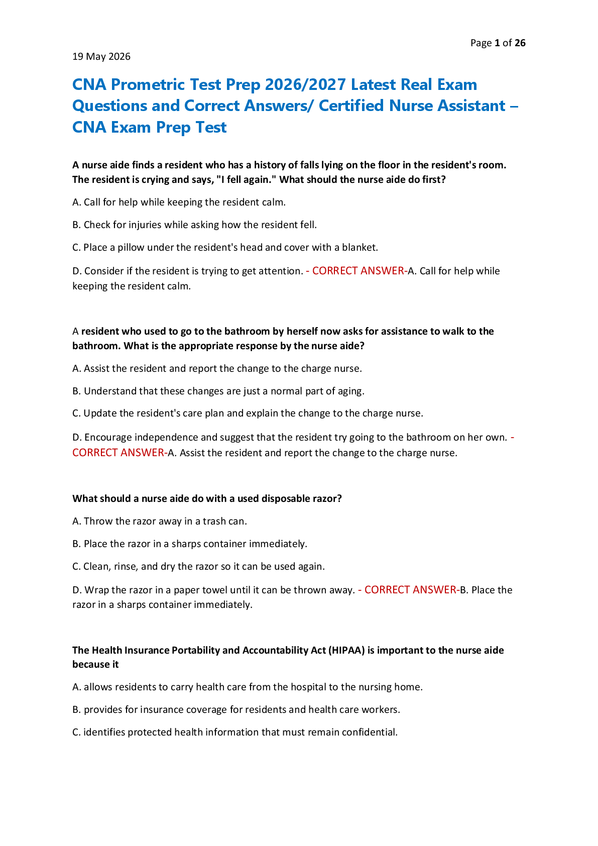 Preview of CNA Prometric Test Prep 2026/2027 Latest Real Exam  Questions and Correct Answers/ Certified Nurse Assistant –  CNA Exam Prep Test