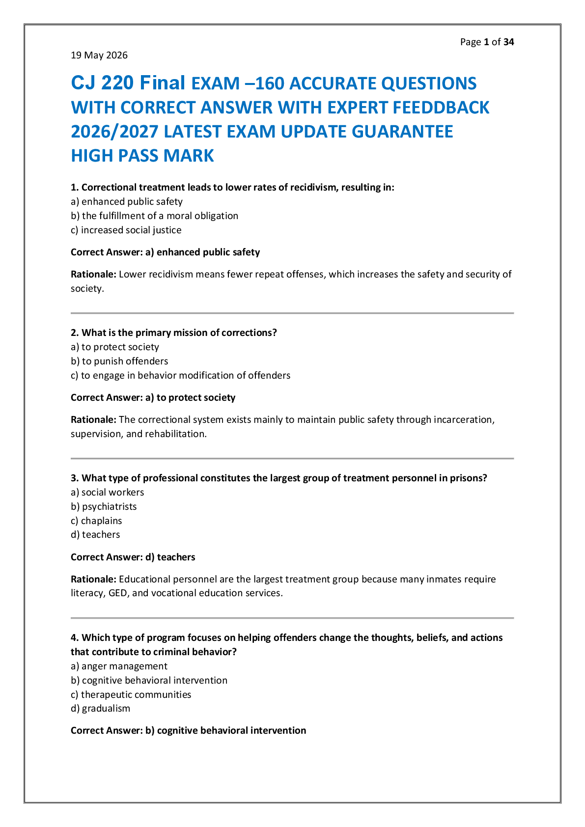 Preview of CJ 220 Final EXAM –160 ACCURATE QUESTIONS  WITH CORRECT ANSWER WITH EXPERT FEEDDBACK  2026/2027 LATEST EXAM UPDATE GUARANTEE  HIGH PASS MARK