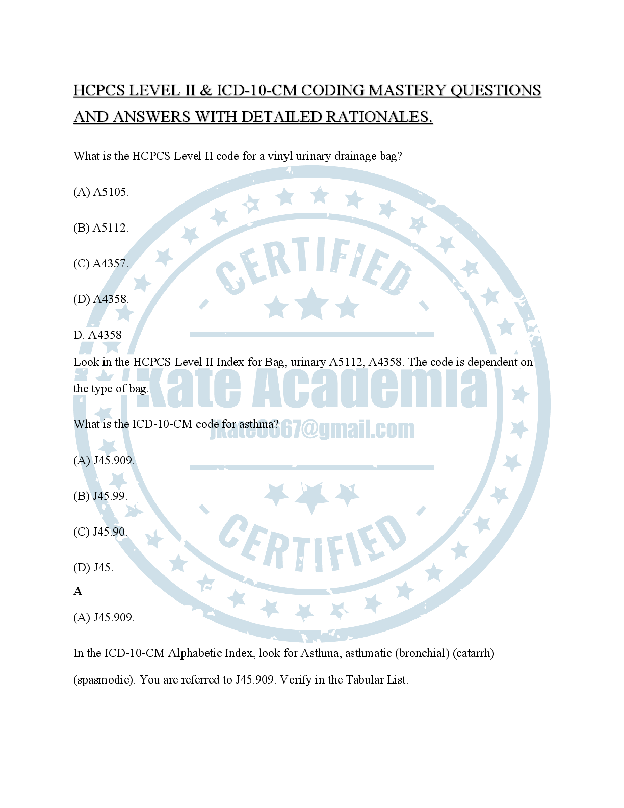 Preview of HCPCS LEVEL II & ICD-10-CM CODING MASTERY QUESTIONS  AND ANSWERS WITH DETAILED RATIONALES.