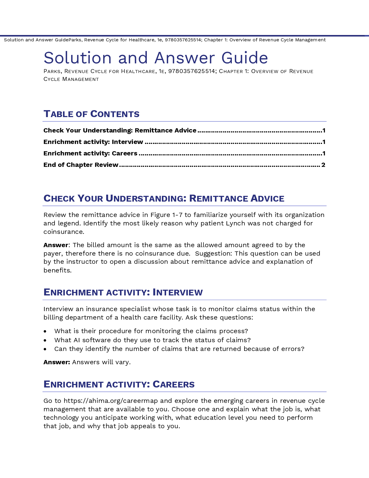 Preview of Revenue Cycle for Healthcare 1st Edition By Linda Parks Solution Manual