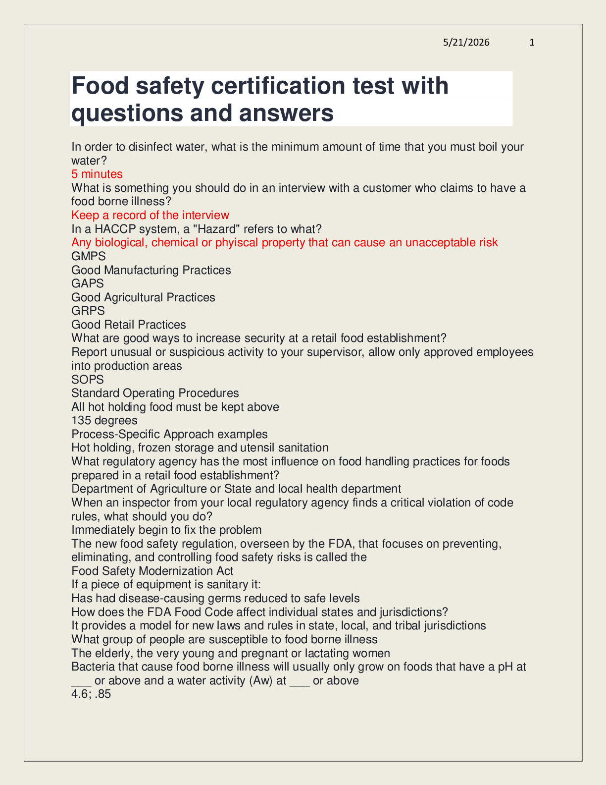 Preview of Food safety certification test with questions and answers