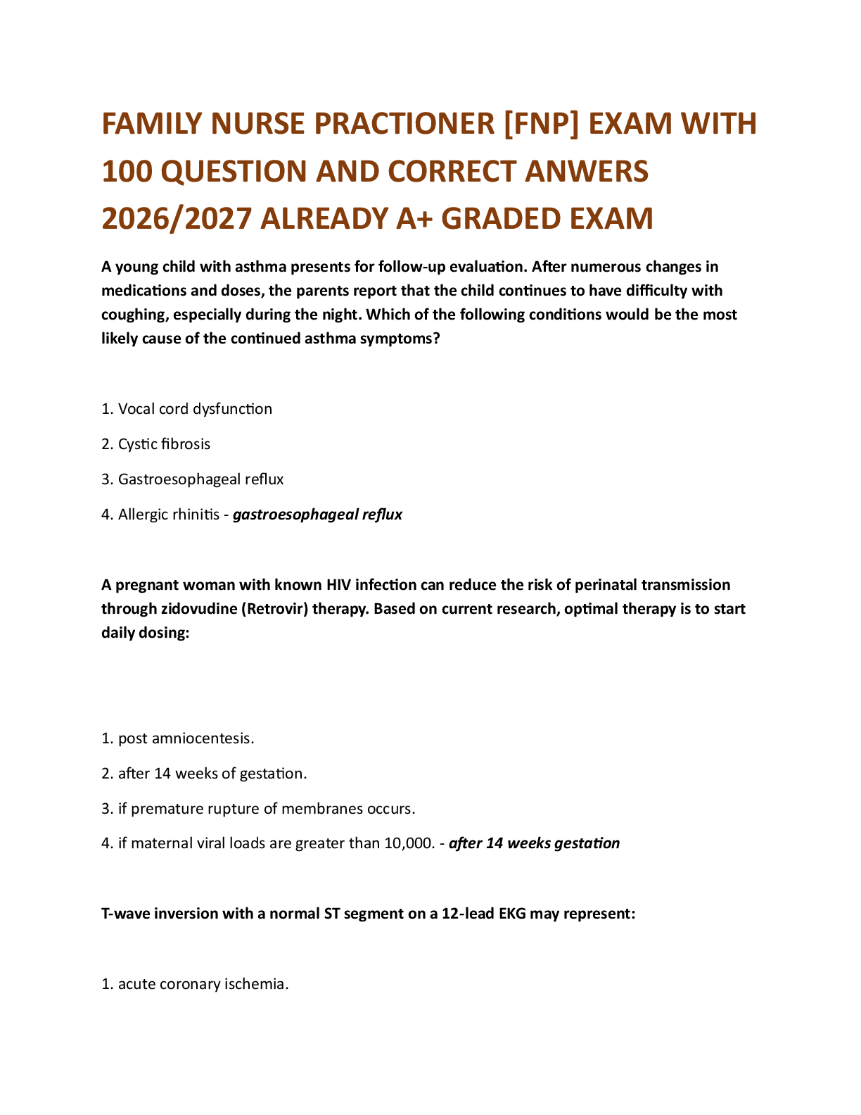 FAMILY NURSE PRACTIONER [FNP] EXAM WITH 100 QUESTION AND CORRECT ANWERS 2026/2027 ALREADY A+ GRADED EXAM